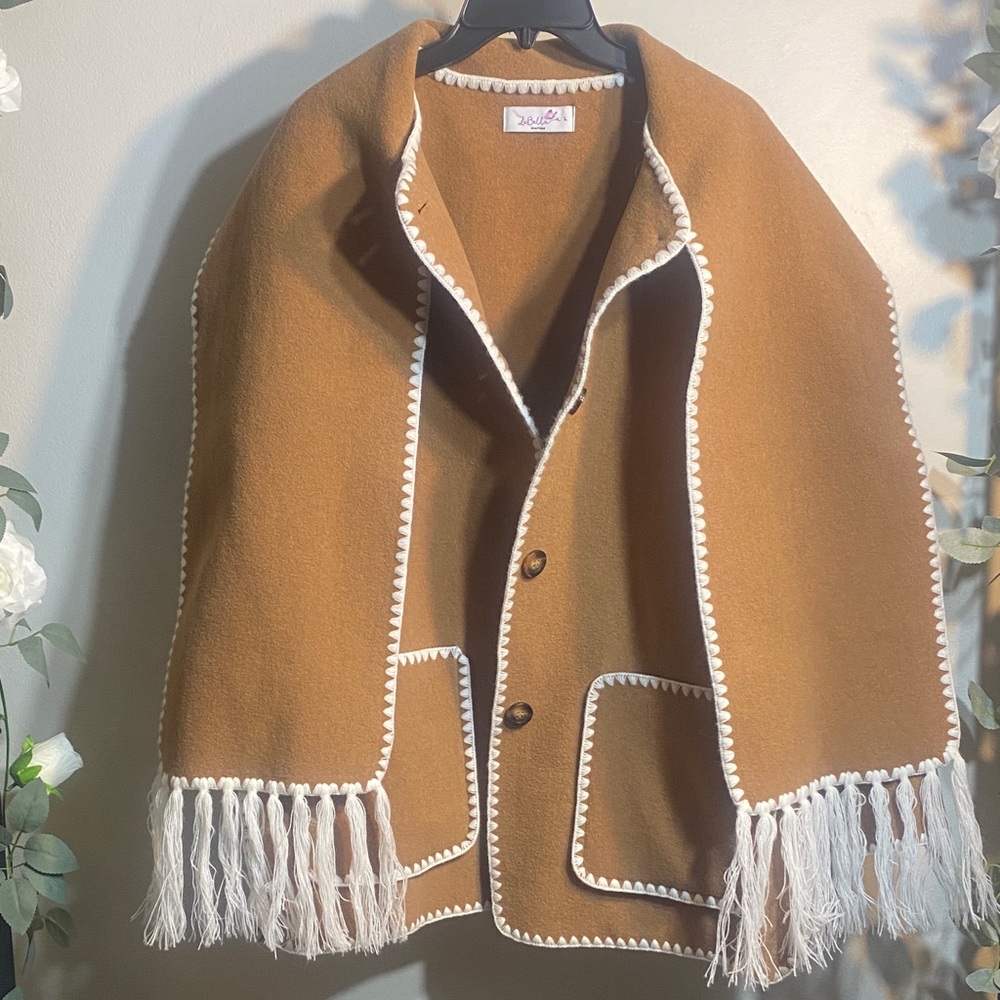 Elegant Tan Cape with Fringe Details